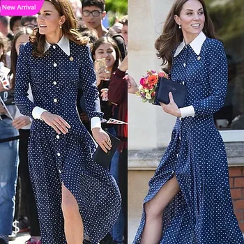 

Autumn Dress Long Dress High Quality New Women'S Fashion Party Casual Vintage Elegant Buttons Dots Print Dresses Women Clothes