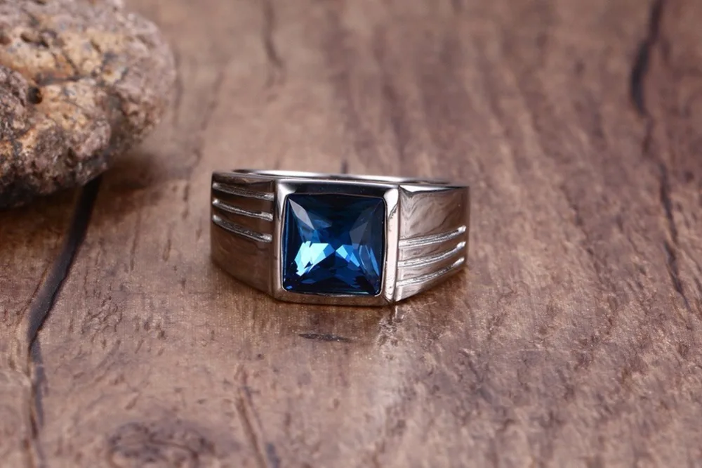 Fashion Mens Rings Stainless Steel Statement Ring with Rectangle Blue Stone Wedding Band Fashion Jewelry anel masculino 11