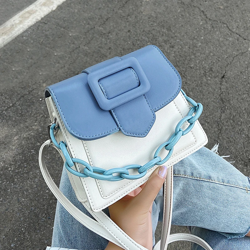 

Jin Mantang Belt Design Contrast Color PU Leather Mini Crossbody Bags For Women 2020 Summer Chain Shoulder Bags Travel Handbags