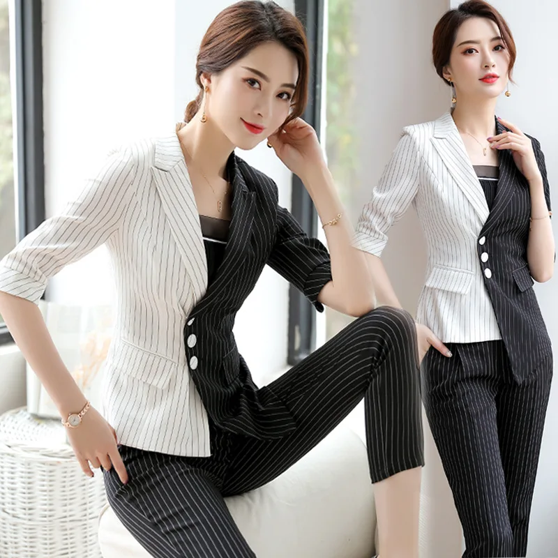 

Fashion Three Quarter Sleeve Slim Fit Striped Blazer Top Pencil Pants Trousers Suit Female Women Set Clothes Offie Lady Pantsuit