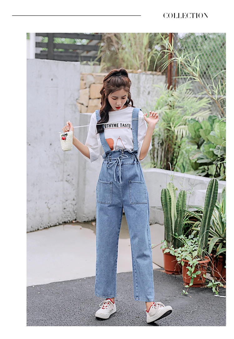 

Women Autumn Overalls Jeans Woman Casual Elastic Waist Denim Pants Female Korean Pocket Jean Long Pants Overalls