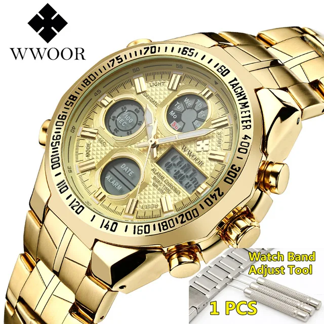 full gold Box Relogio Masculino Top Brand Luxury Watch Mens Watches Golden Stainless Steel Military Wristwatch Big Dial Clock Male - Цвет: full gold