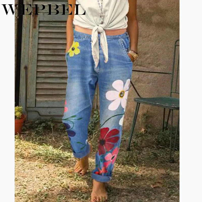 WEPBEL Women Jeans Trousers Pants High Waist Fashion Casual New Summer Women's Floral Flower Printed Denim Jeans