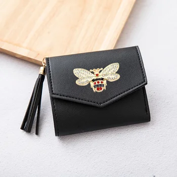 

double11 Women Wallet Metal Bee Short Tri-Fold Small Purse Card Case Ladies Female Fashion New Style PU Leather Wallet Wholesale