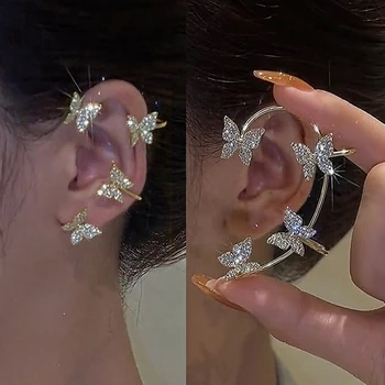 Kpop Shiny Zircon Butterfly Ear Clip Without Piercing Earrings For Women Fashion Wrap EarCuffs Earring Bride Wedding Jewelry