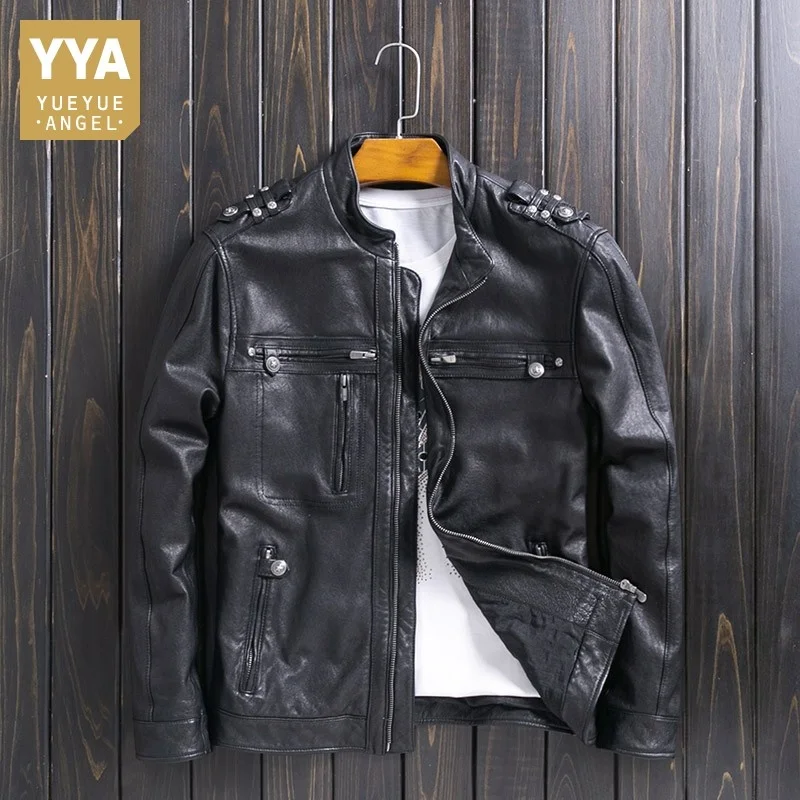 

Biker Short Sheepskin Coat Men Brand Zipper Business Real Leather Jacket Designer Slim Multi-pockets Military Jackets Oversize