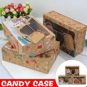 

Newly Christmas Candy Cookie Box with Clear Window and Ribbons Kraft Paper Box for Gift Giving Christmas Party Supplies