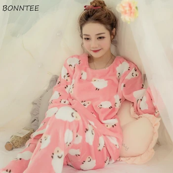 

Pajama Sets Women Winter Coral Fleece Winter Warm Cartoon Printed Womens Korean Style Flannel Soft Fuzzy Comfortable 2 Pecs New