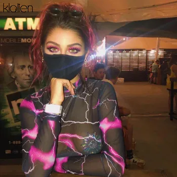 

KLALIEN Autumn Mesh print Elastic Slim full sleeve bodysuits 2019 fashion Basic ladies High street wear Soft Sexy club bodysuit