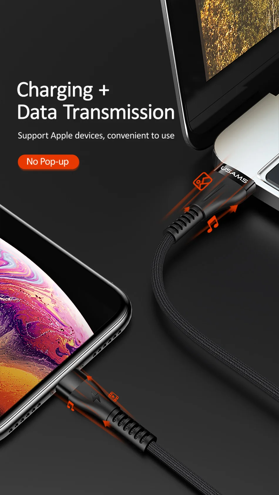 USAMS Реверсивный кабель для iPhone 6 2A для быстрой зарядки и передачи данных Кабельное зарядное usb-устройство кабель для передачи данных для iPhone XS X 8 7 6 6s 5S se USB шнуры