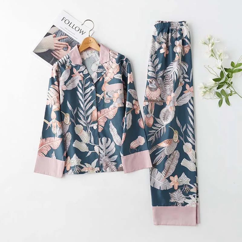 

2019 pajamas suit female cotton satin magpie pattern thin section can be worn outside home service sleepwear two-piece suit