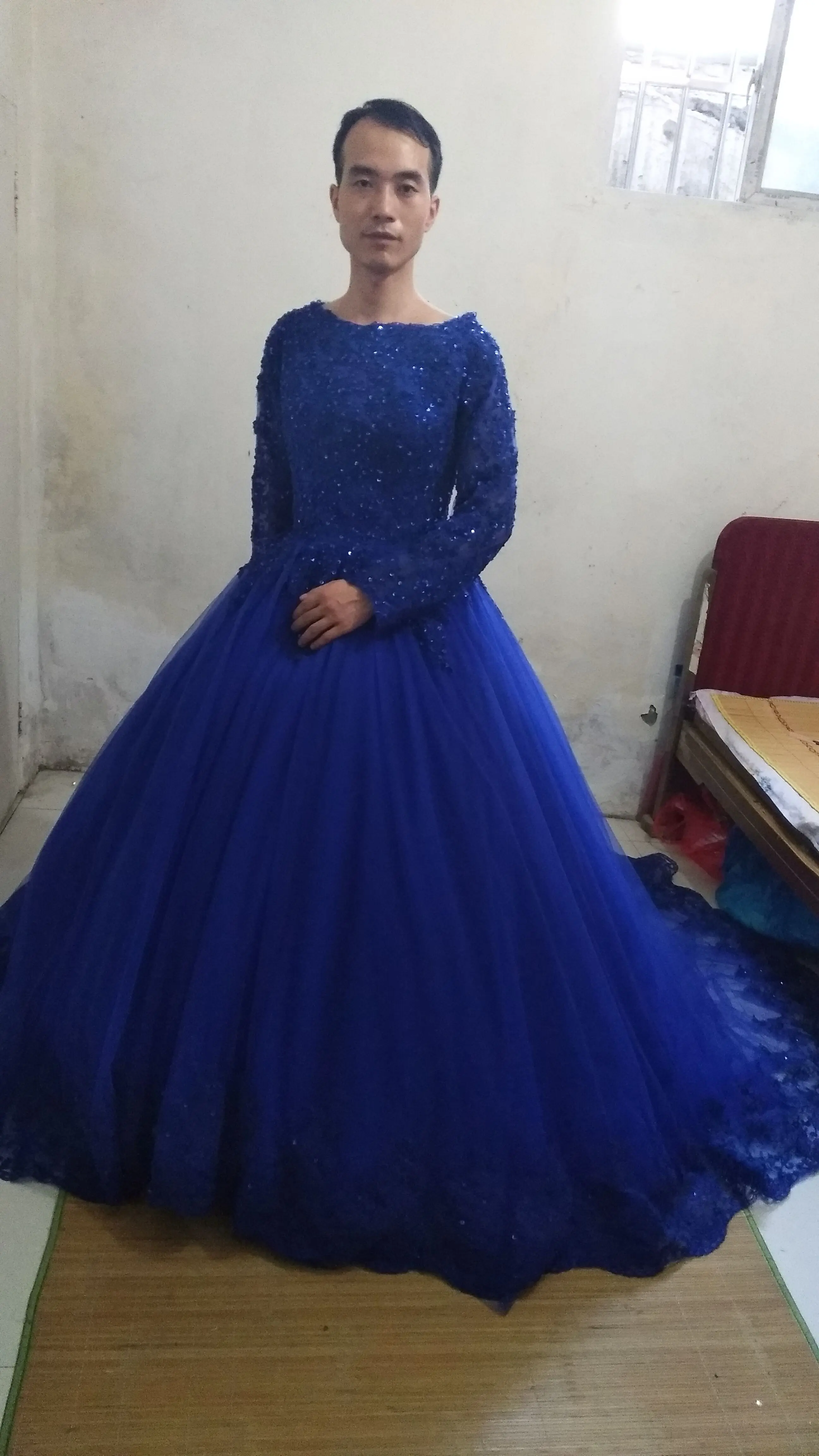 Vestido de festa Королевское синее бальное платье с длинными рукавами Выпускные платья мусульманское кружево с аппликацией и бисером принцесса Пышное Платье На Выпускной платья