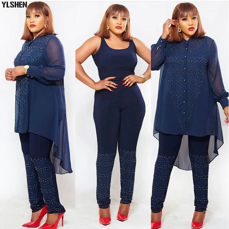 3 Piece Set African Dresses for Women Dashiki Button Diamond African Dress Bodycon Top + Pants Clothes Plus Size Africa Clothing 02