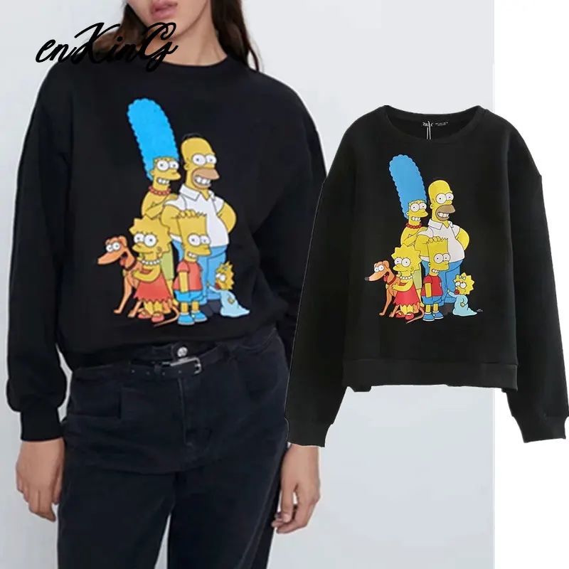  2019 england style high street vintage Cartoon pattern cute o-neck oversize winter za hoodies women