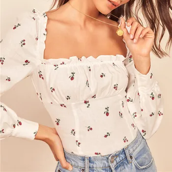 

New Square Collar Women Short Blouse Floral Print Long Lantern Sleeve Backless Shirt And Top