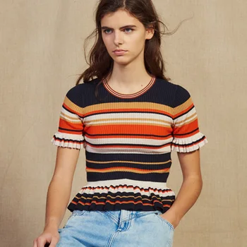 

Vintage Stripe Women Blouse Top Autumn 2020 O Neck Short Flare Sleeve Slim Ruffle Top Retro French Vacation Contrast Knitted Top