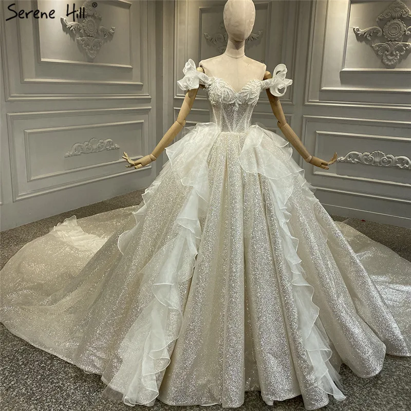 Champagne Off Shoulder Beading Pearls Wedding Dress 2020 Vintage Glitter Luxury Bride Gown Serene Hill BHA2315 Couture | Свадьбы и
