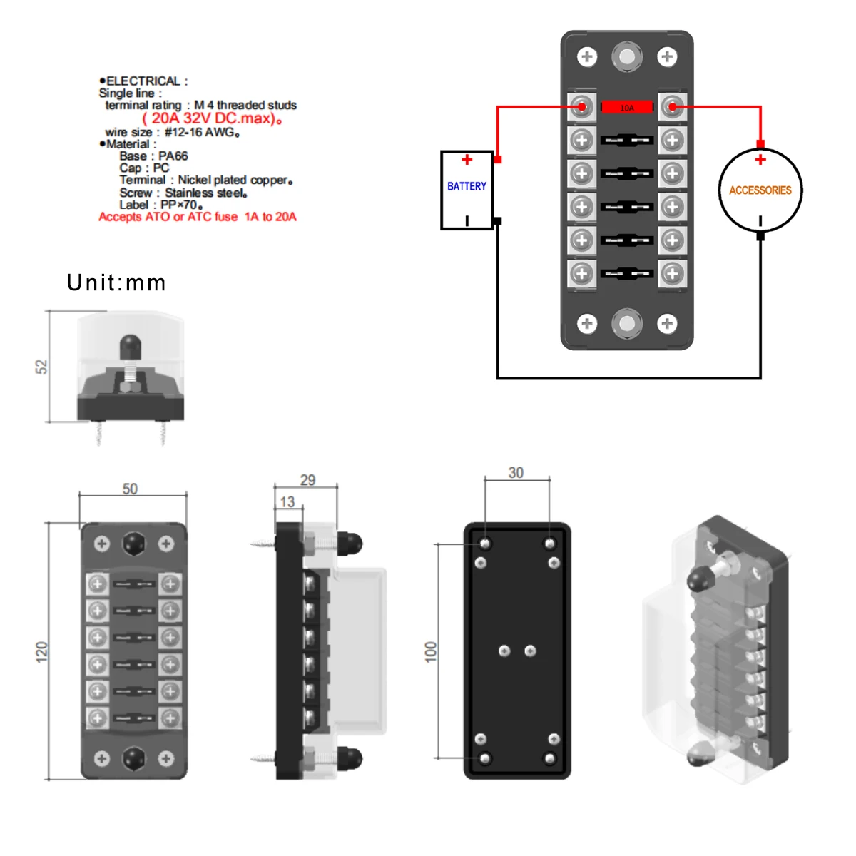 Jtron 6 way/12 way автомобильный предохранитель для ATO/ATC 1-20A предохранитель DC 32 В M5 винтовой Тип соединитель держатель предохранителя с предохранителем