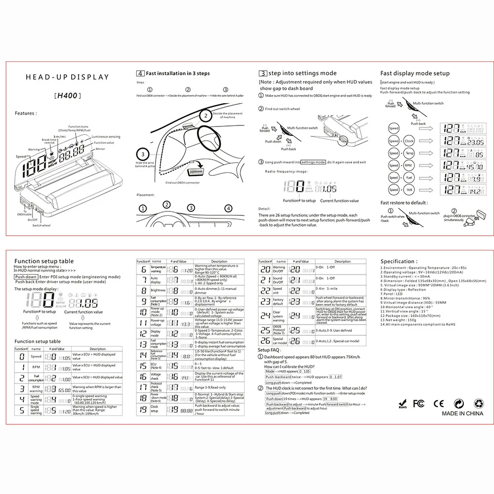 DC 12 В 3,7 дюйма экран Авто OBD II автомобильный HUD OBD2 порт дисплей км/ч MPH Превышение скорости многофункциональный светильник H400