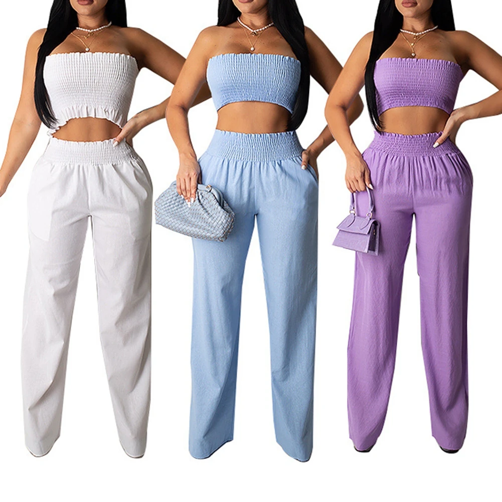 

2020 Elegant Women Strapless Off Shoulder Tank Vest Crop Tops Solid High Waist Loose Wide Leg Pants Trousers Two-pieces