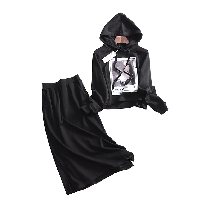 

One's Printed Hooded Drawstring Long-sleeved Sweater + High-waisted Solid Color Skirt Set Entity