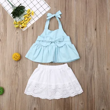 

Toddler Kids Baby Girls Clothes Front Bowknot Vest Strap Sling Crop Top+Shorts or Skirt Solid Outfit Set 6M-4Y