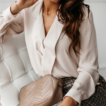 

Women White V neck Office Ladies Blouses Long sleeve 2020 Spring Summer Female Tops Turn Down Collar Loose Casual Woman Blouse