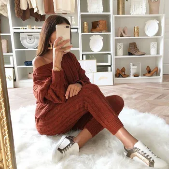 

Spring Cotton Tracksuit Women 2 Piece Set O-Neck Sweater Top+Elastic Waist Pant Knitted Suit Women Coat 2 Piece Set