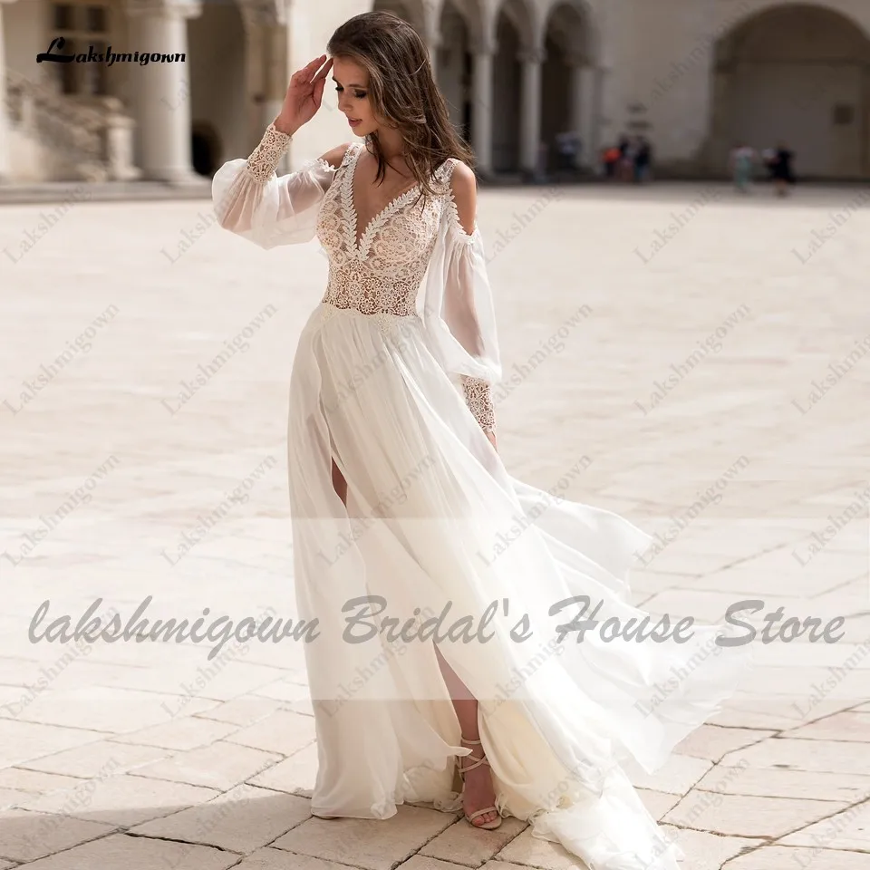 Lakshmigown Puffy Long Sleeve Bridal Dress 2024 Princess Women Beach Wedding Dresses Lace Backless Vestidos Boda Customized 5