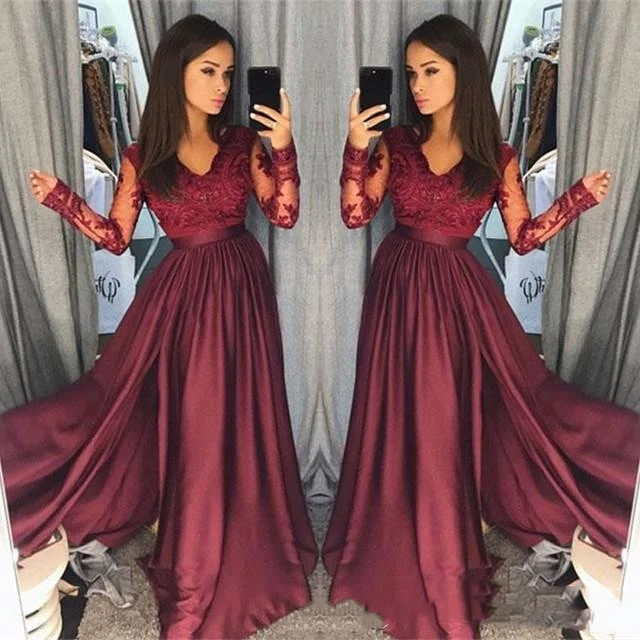 

Sexy Burgundy V Neck Lace Sheer Long Sleeves Prom Dresses Satin A Line Floor Length Evening Gowns Formal Party Dresses Vestidos