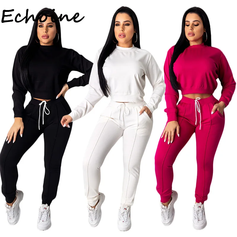 

Echoine Women Casual Sportwear Two Pieces Set Long Sleeve Top+ Long Pants 2 Piece Outfits For Women Solid 3 Color Plus Size 2xl
