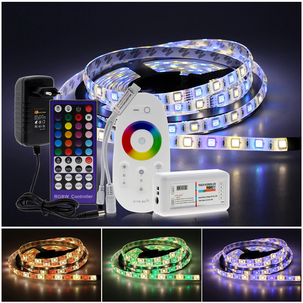 US $10.55 5050 LED Strip RGB RGBW RGBWW 5M Flexible Diode Light Tape For Home Decoration24G Touch Remote Controller12V Power Supply