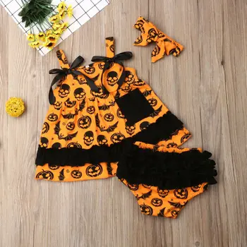 

CANIS Autumn Toddler Baby Girl Spaghetti Strap Pumpkin Dress Tops+Shorts Newborn Halloween Outfit Clothes