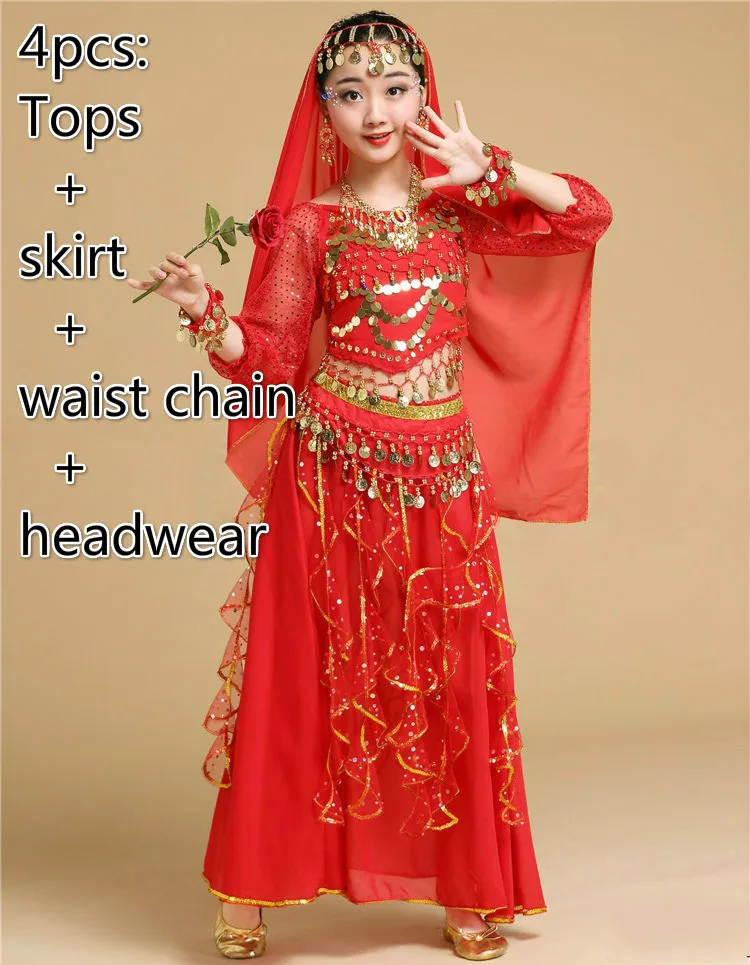 4pcs red Одежда для танца живота, Индийские танцы Болливуд, костюмы для детей, детская сексуальная одежда для танца живота, Восточный танец для сцены - Цвет: 4pcs red