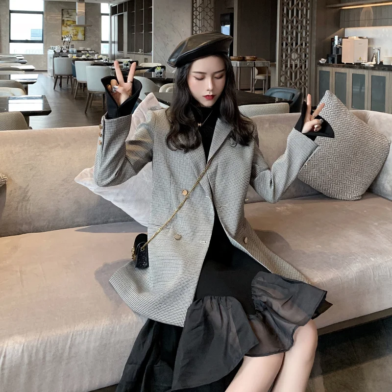 Elegant Hong Kong Style Retro Plaid Long Sleeve Suit Jacket Women's New Style Autumn Fashion Loose Leisure Suit Fashion