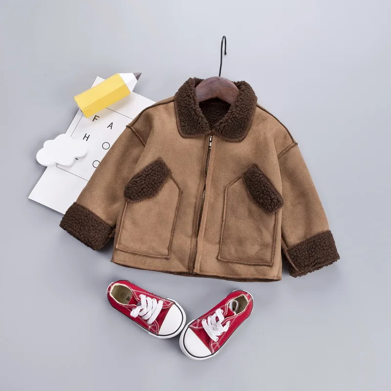 New Boy Jacket Fleece Jacket Boys Coats Baby Leather Plus Fleece Big Pocket Winter Autumn Kids Jacket