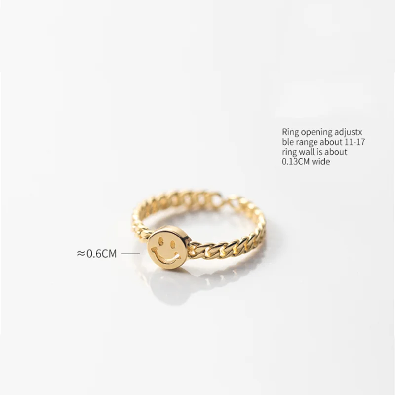WANTME Fashion Genuine 925 Sterling Silver Link Chain Smile Adjustable Finger Ring for Women Punk Hip Hop Jewelry Gift 2021
