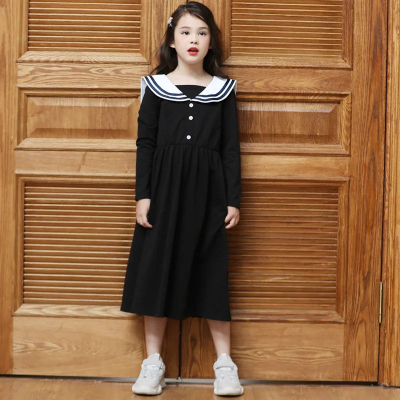 Little Girls Long Sleeve Dresses 2019 Fall New Cotton Dress for Children Navy Collar Kids Clothes Black | Детская одежда и обувь
