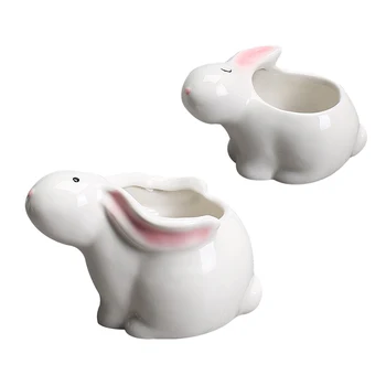 

2pcs Cartoon Bunny Shape Design Mini and Medium Ceramic Succulent Plant Pot Succulent Container for Home (White)