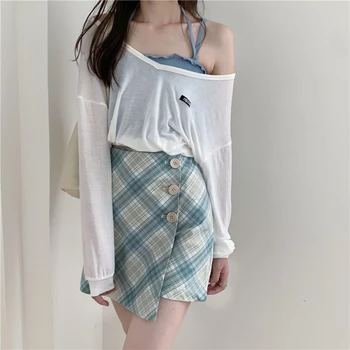

Solid Simple Elegant Sweet Girl Going Out Shirt +simple Loose Camis +High Waist Plaid Button Simple Skirts 2020 New Arivals