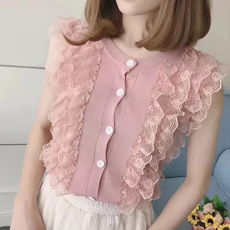 

2023 Summer Thin Knitted Tshirt Button Women T Shirt Lace Patchwork Sleeveless Womens Tops Tee Shirt Clothes Camisetas De Mujer