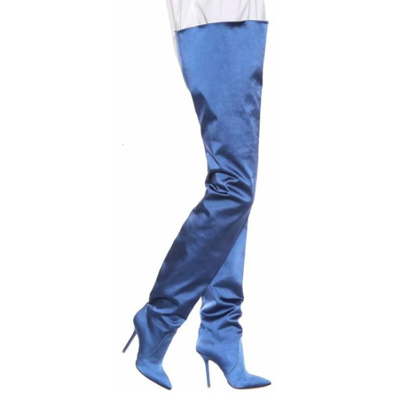 DEAT/ г. Тонкие туфли из шелка с острым носком женские высокие сапоги-трубы на тонком высоком каблуке Новая модная осенне-зимняя обувь, 19I-a161 - Цвет: blue