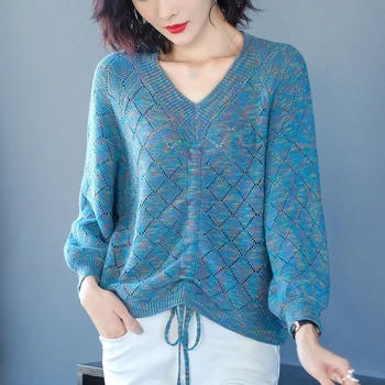 

Thin Knit Base Sweater Women Loose Cutout Diamond Lattice Lace Fringed V-neck Lantern Sleeve Pullover Jumper Female 2020 Spring