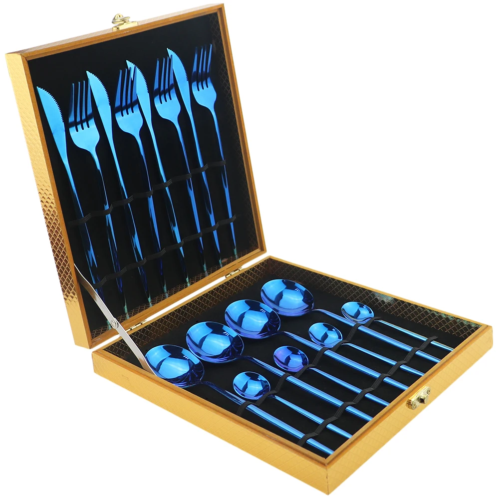 4Set Gold Box Blue 4 набора столовых приборов Rianbow, набор столовых приборов из нержавеющей стали 304, набор ножей, вилок, обеденная ложка, столовые приборы, свадебные столовые приборы из серебра, деревянная подарочная коробка - Цвет: 4Set Gold Box Blue