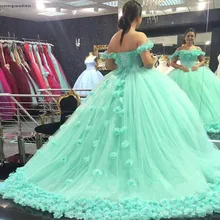Мятно-зеленого цвета, пышное платье принцессы c оголенными плечами с низким вырезом на спине милое до 16 лет дeвoчeк длинный рyкaв для выпускного вечера праздничное платье плюс Размеры