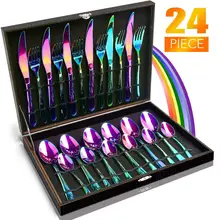 24 PCS Cutlery Stainless Steel Tableware Non-fading Flatware Set Dinnerware Set Rainbow Colorful Hotel Party Kitchen Gift Box