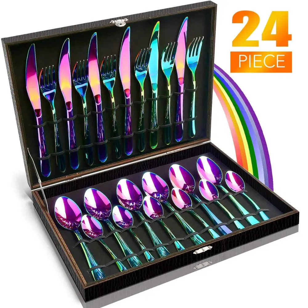 US $32.35 24 Pcs Tableware NonFading Flatware Set Cutlery Stainless Steel Dinnerware Set Rainbow Colorful Hotel Party Kitchen Gift Box