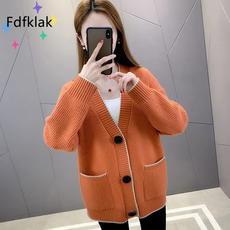 

Fdfklak Autumn New Women Clothing Korean Loose Knit Cardigan Sweater Single-Breasted All-Match Sweater Coat Orange Jacket