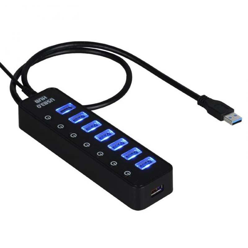 7 USB Умное зарядное устройство, Супер Скоростной usb-концентратор с USB 3,0 портами данных+ 1 умный зарядный порт с адаптером питания, Синий светодиодный коммутатор - Цвет: 7 USB