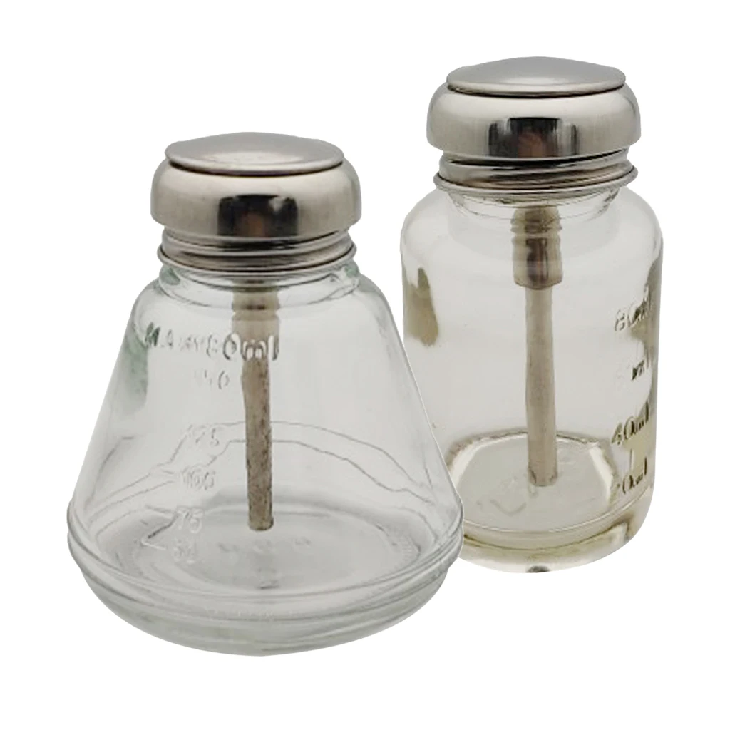 2Pcs 80ml & 180ml Glass Push Down Empty Press Bottle Alcohol Acetone Pump Dispenser Vials for Nail Polish and Makeup Remover 